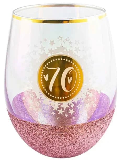 "70" Pink Glitterati Stemless Wine Glass