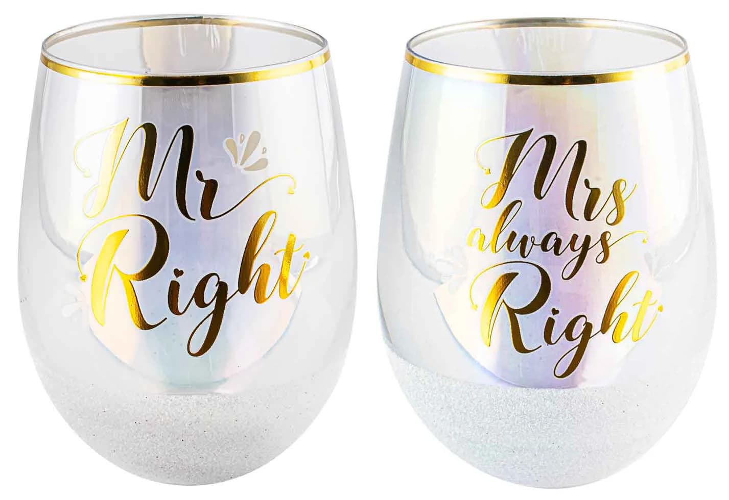 "Mr. & Mrs." Glitterati Stemless Wine Glass Set