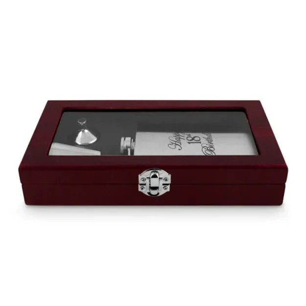 18th Birthday Hip Flask Gift Set in Wooden Box