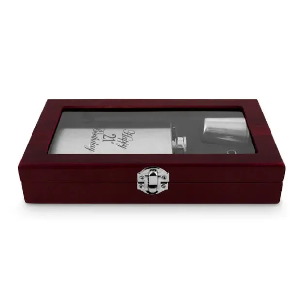 21st Birthday Hip Flask Gift Set in Wooden Box