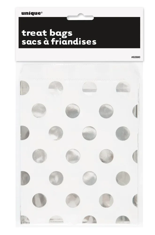 White & Silver Polka Dot Treat Bags - Pk 8