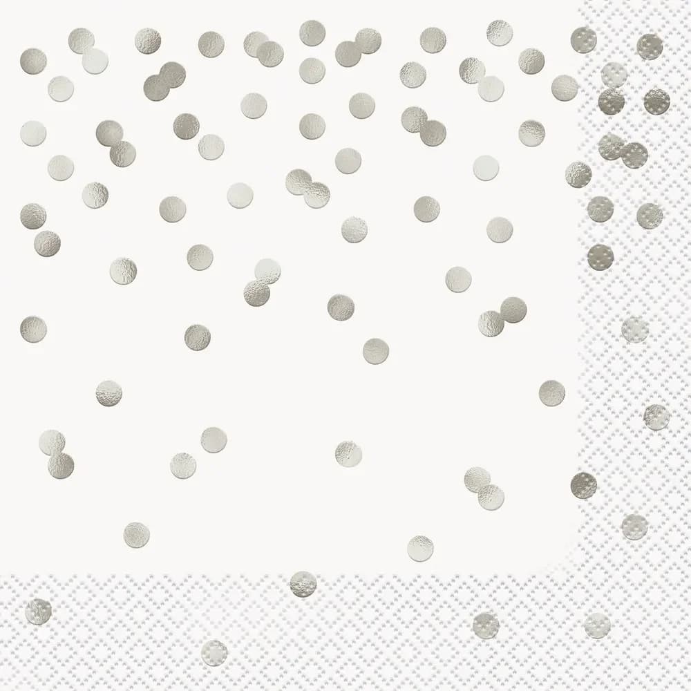 White & Silver Confetti Dot Stamped Lunch Napkins - Pk 16