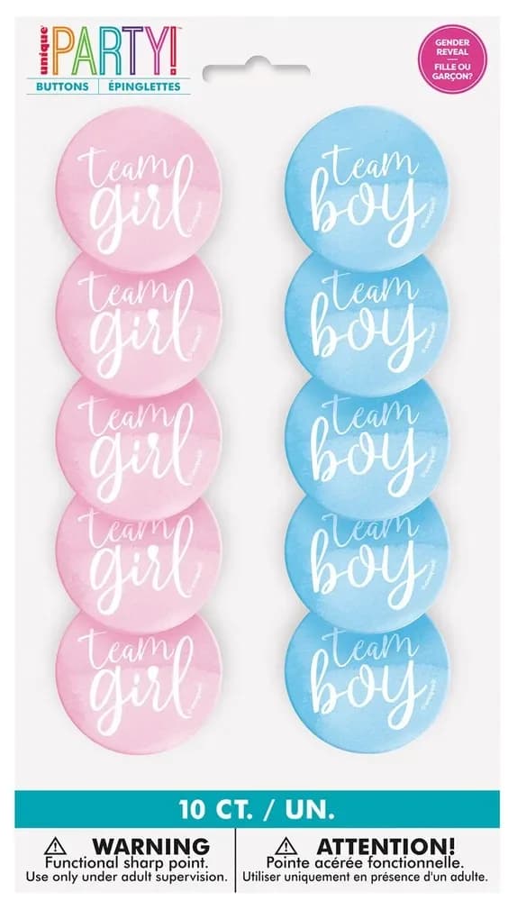 Team Boy & Team Girl Gender Reveal Pin Badges - Pk 10