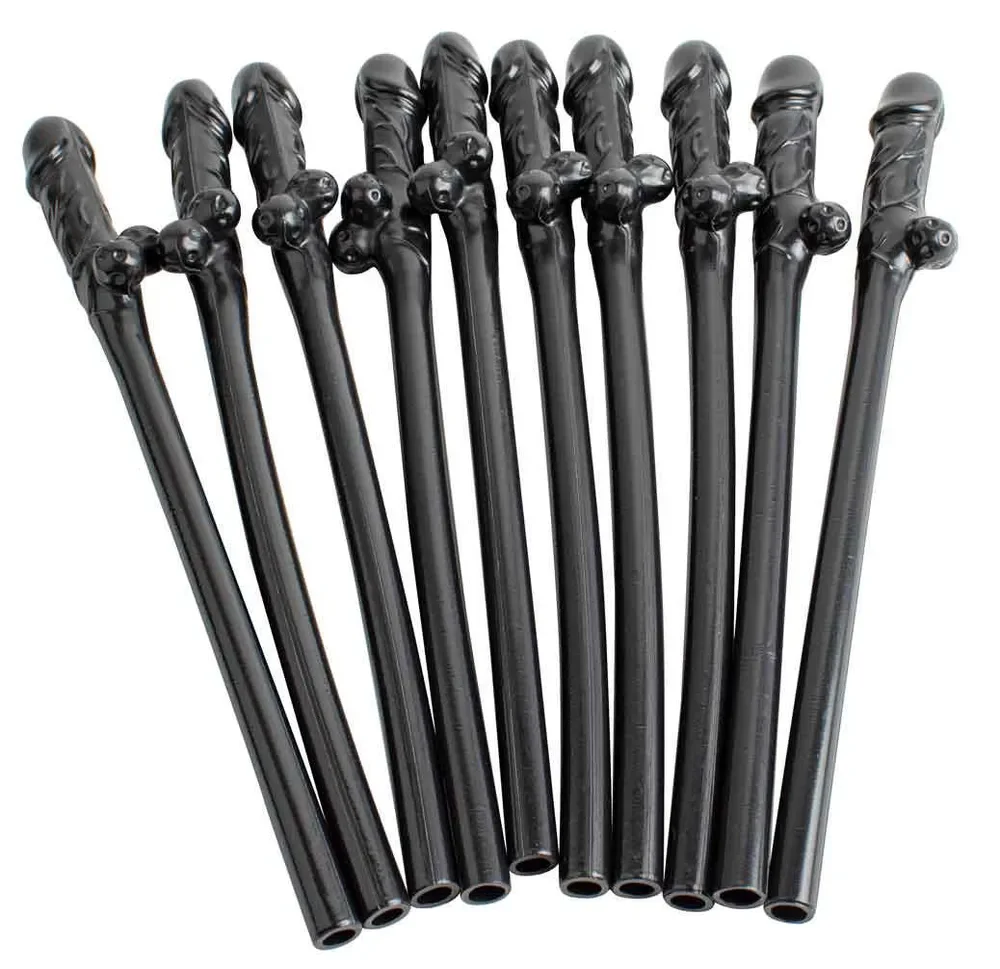 Novelty Willie Black Plastic Drinking Straws - Pk 10