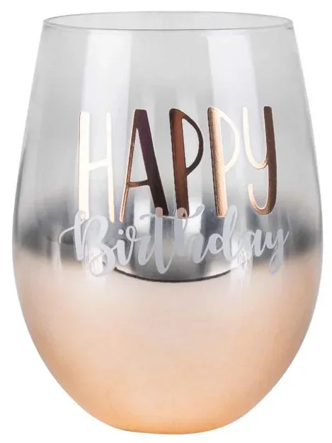 "Happy Birthday" Rose Gold Stemless Wine Glass