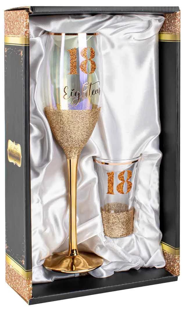 Gold Glitter '18' Champagne & Shot Glass Gift Set