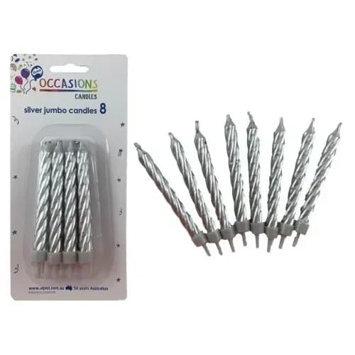 Jumbo Silver Swirl Birthday Candles w/ Holders - Pk 8
