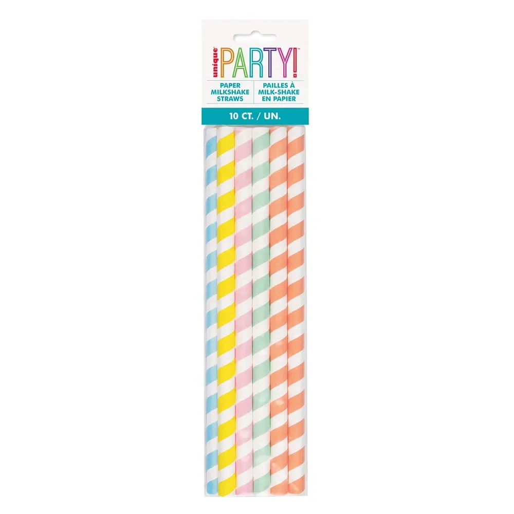 Asstd. Pastel Striped Paper Drinking Straws - Pk 10