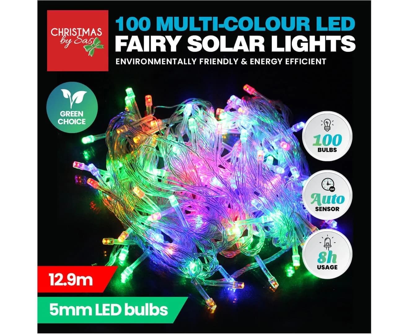 Multi-Colour Solar LED Fairy Lights (12.9m)