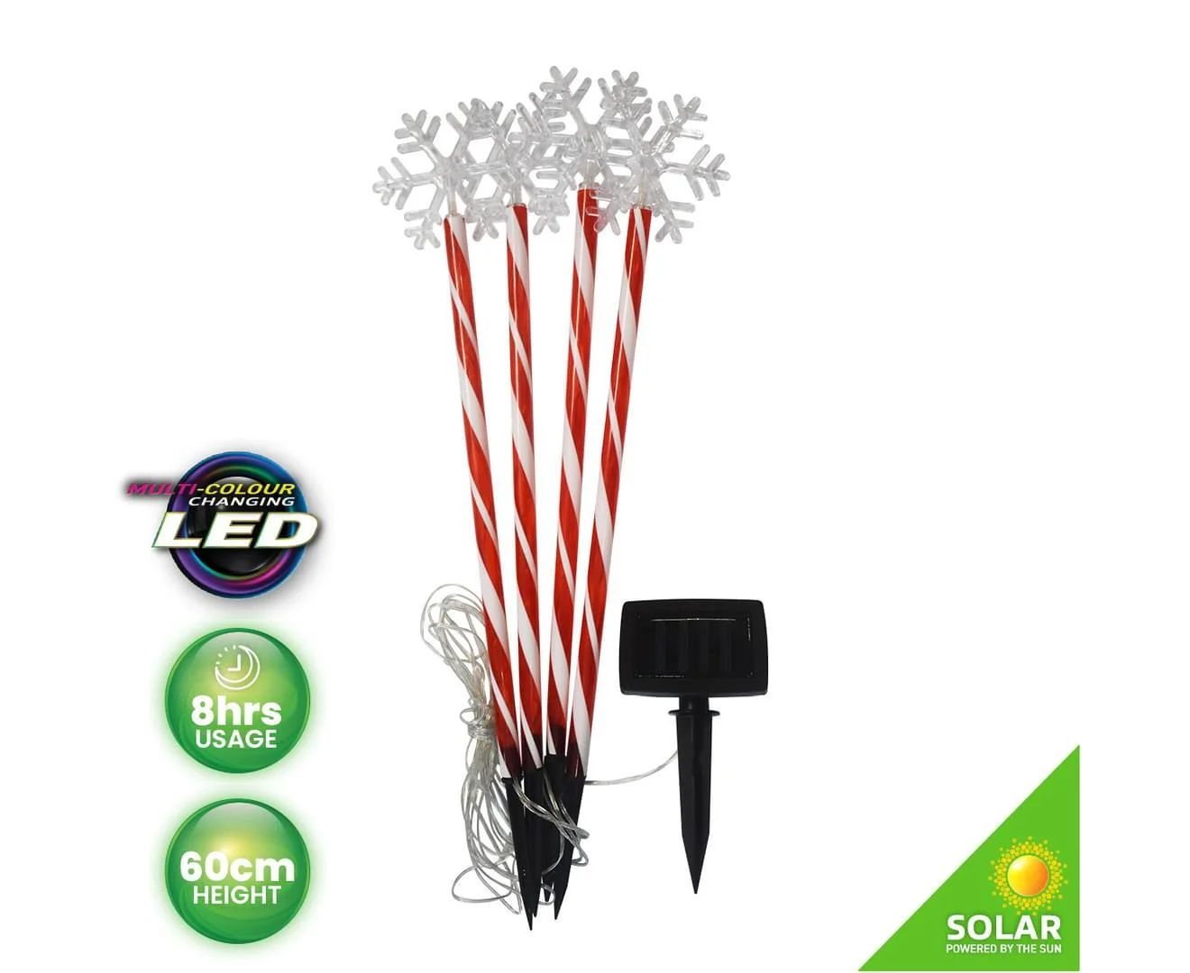 Colour-Changing Solar LED Candy Cane Snowflake Garden Lights - Pk 4