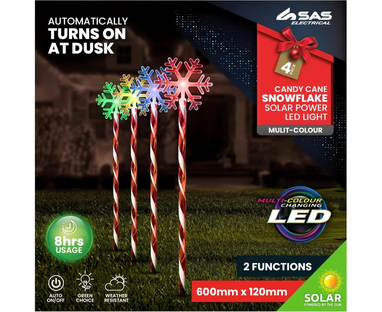 Colour-Changing Solar LED Candy Cane Snowflake Garden Lights - Pk 4