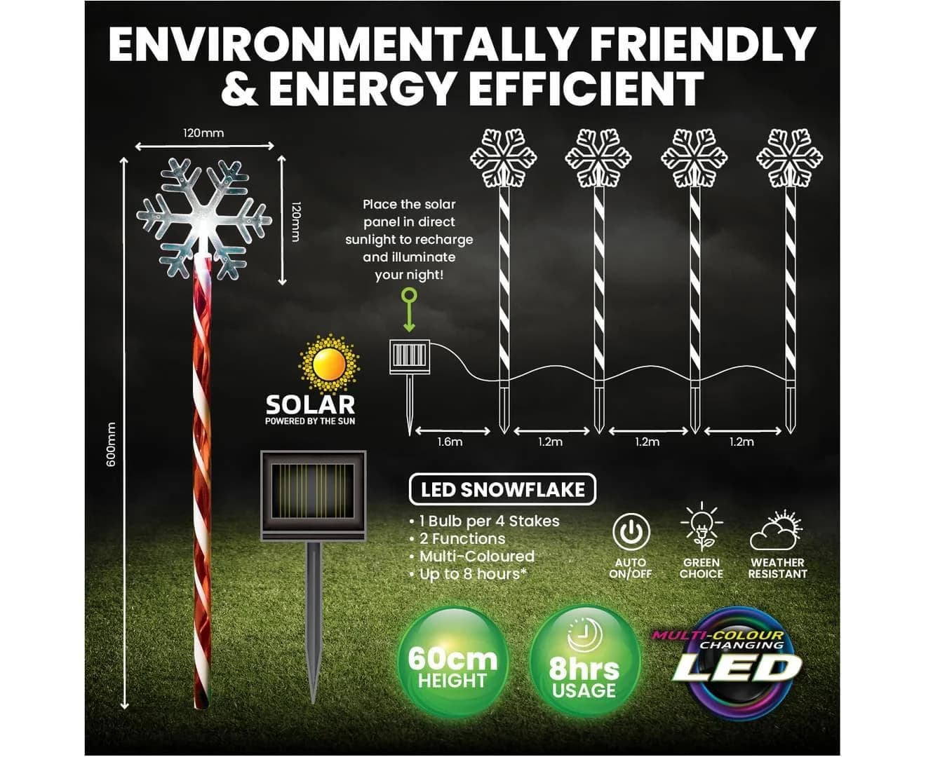 Colour-Changing Solar LED Candy Cane Snowflake Garden Lights - Pk 4