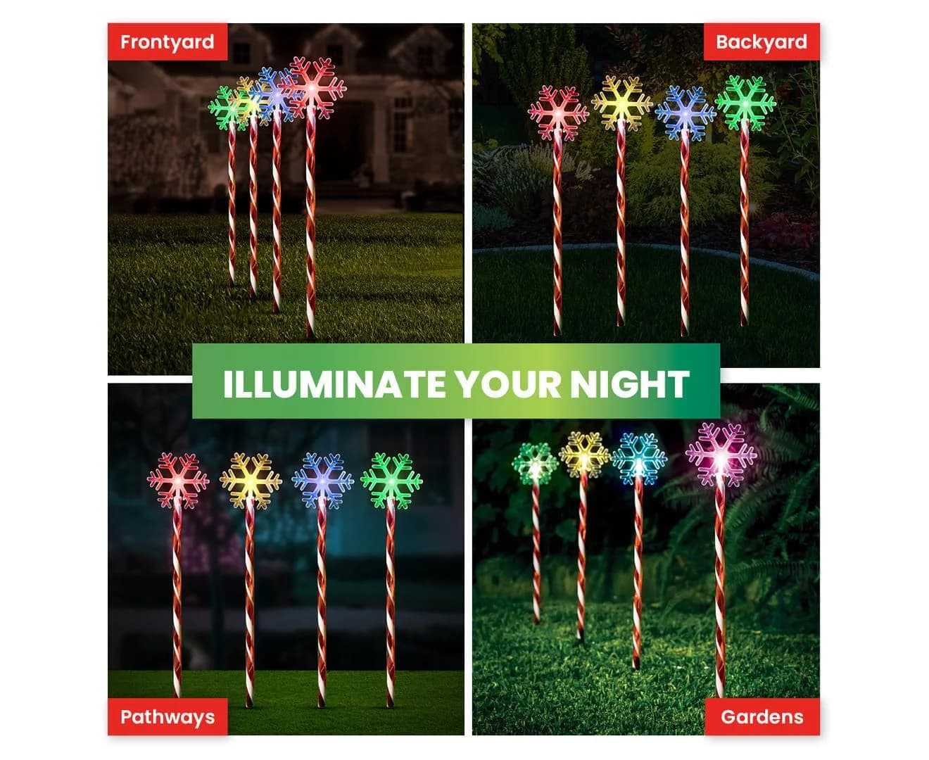 Colour-Changing Solar LED Candy Cane Snowflake Garden Lights - Pk 4