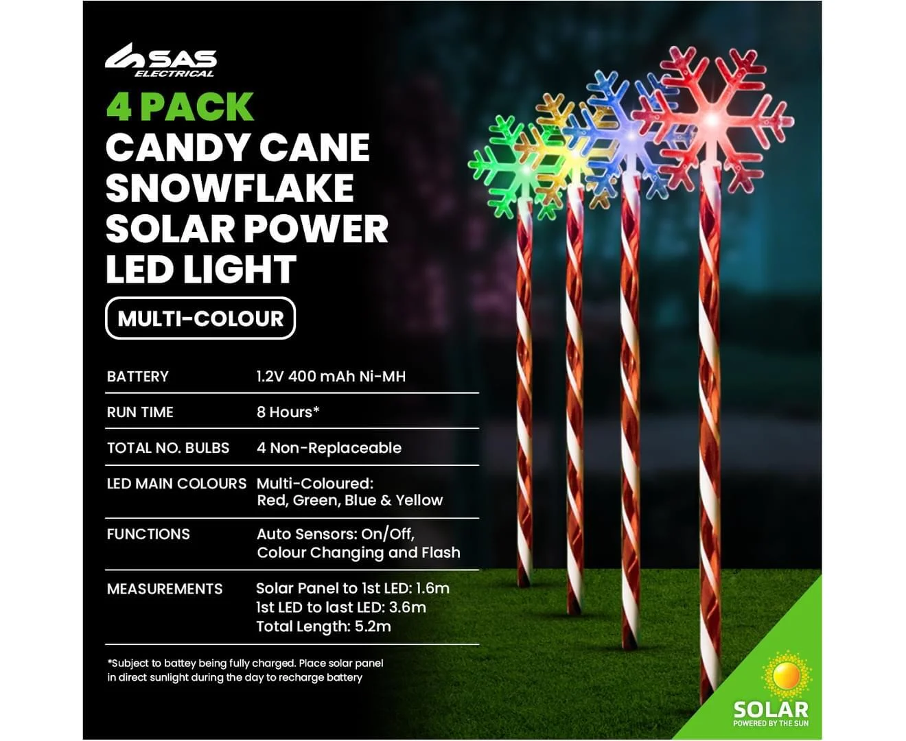 Colour-Changing Solar LED Candy Cane Snowflake Garden Lights - Pk 4
