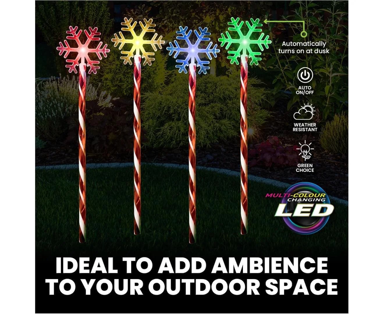Colour-Changing Solar LED Candy Cane Snowflake Garden Lights - Pk 4