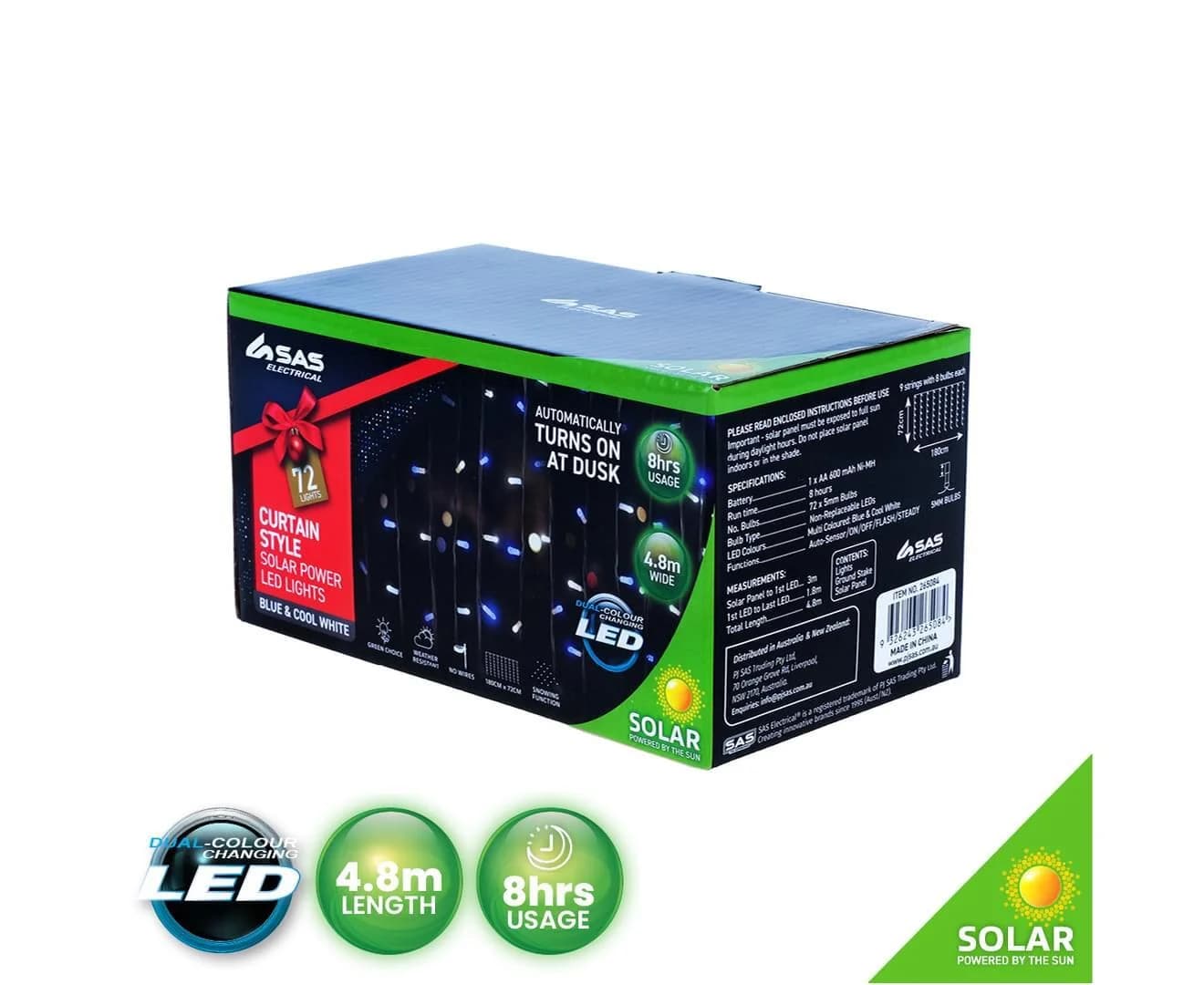 Cool White & Blue Solar LED Curtain Lights (4.8m)