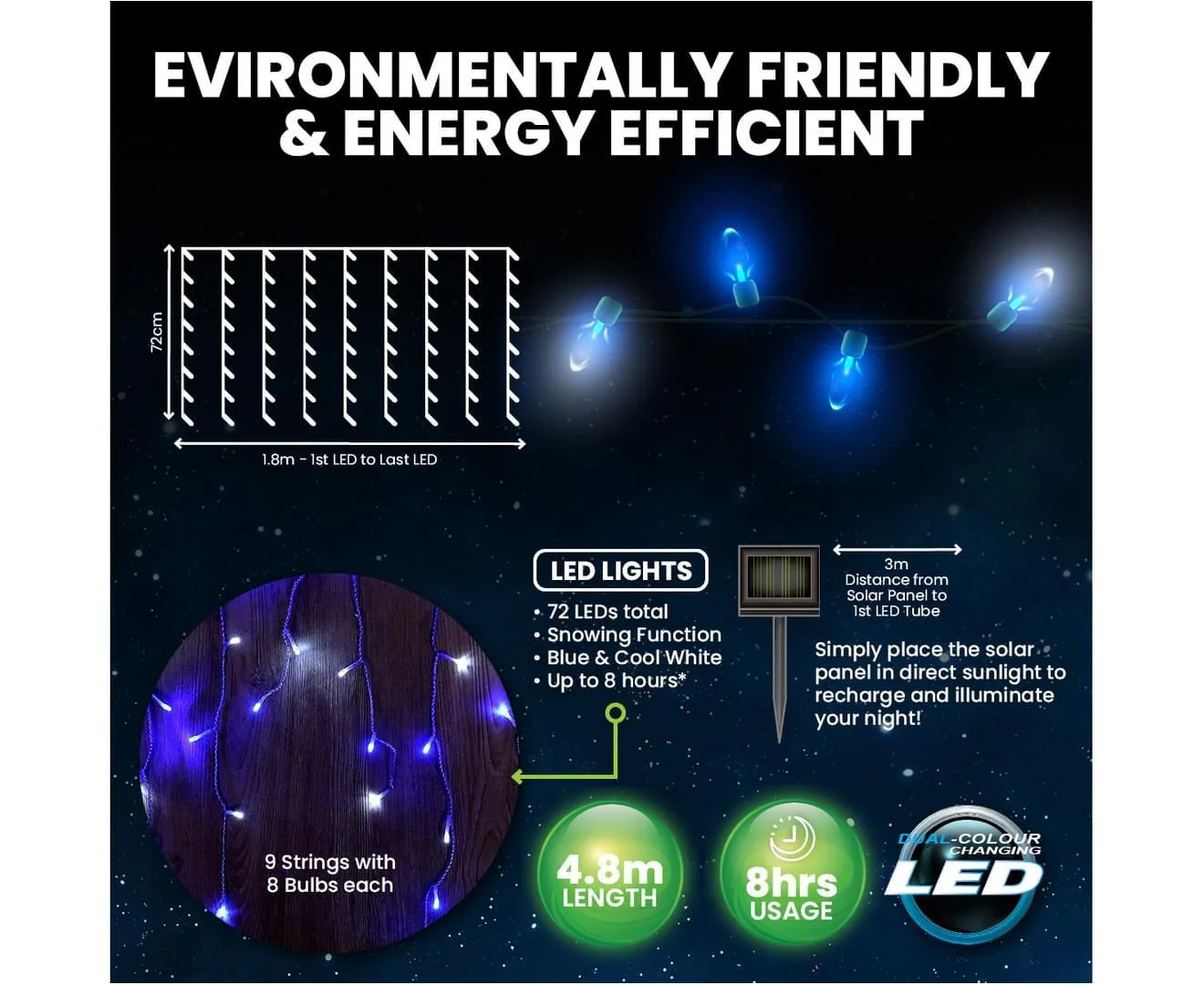 Cool White & Blue Solar LED Curtain Lights (4.8m)