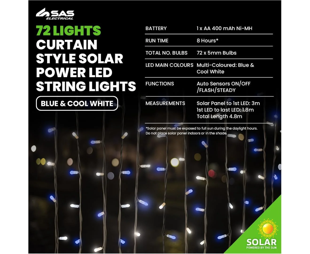 Cool White & Blue Solar LED Curtain Lights (4.8m)