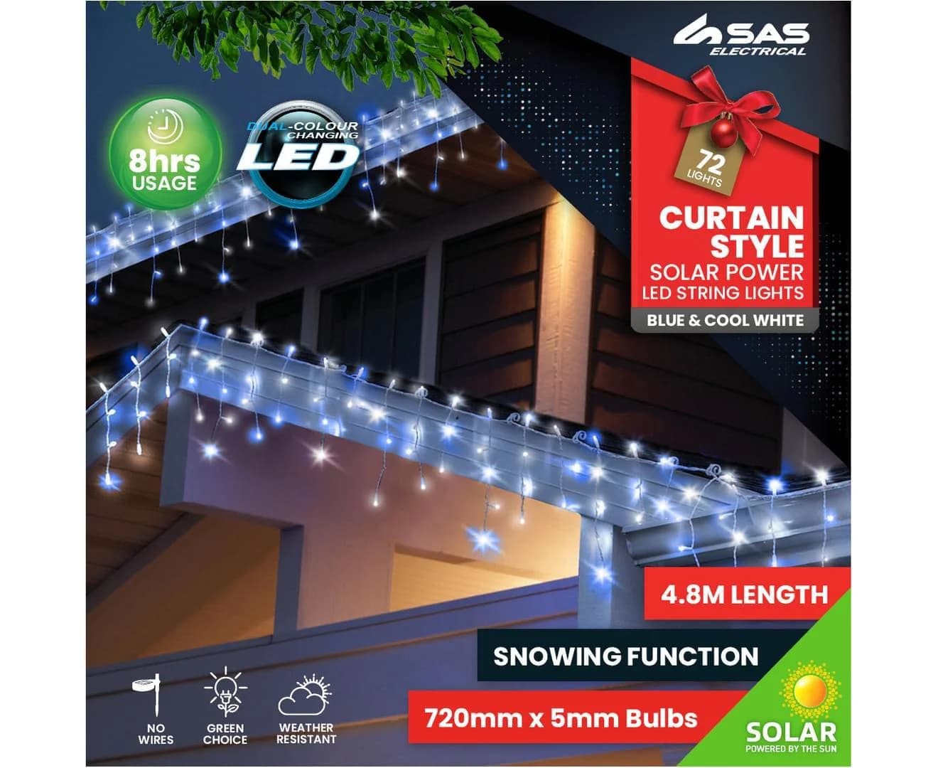 Cool White & Blue Solar LED Curtain Lights (4.8m)