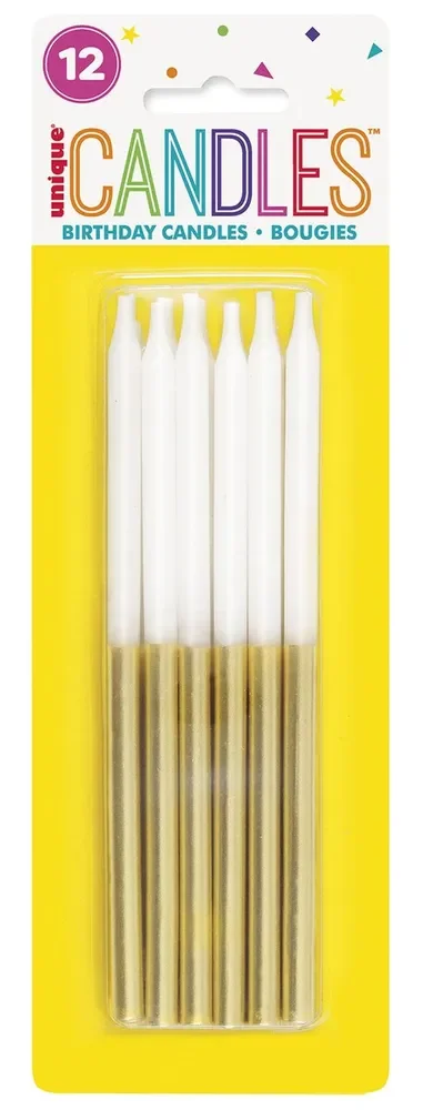 White & Gold Birthday Candles - Pk 12
