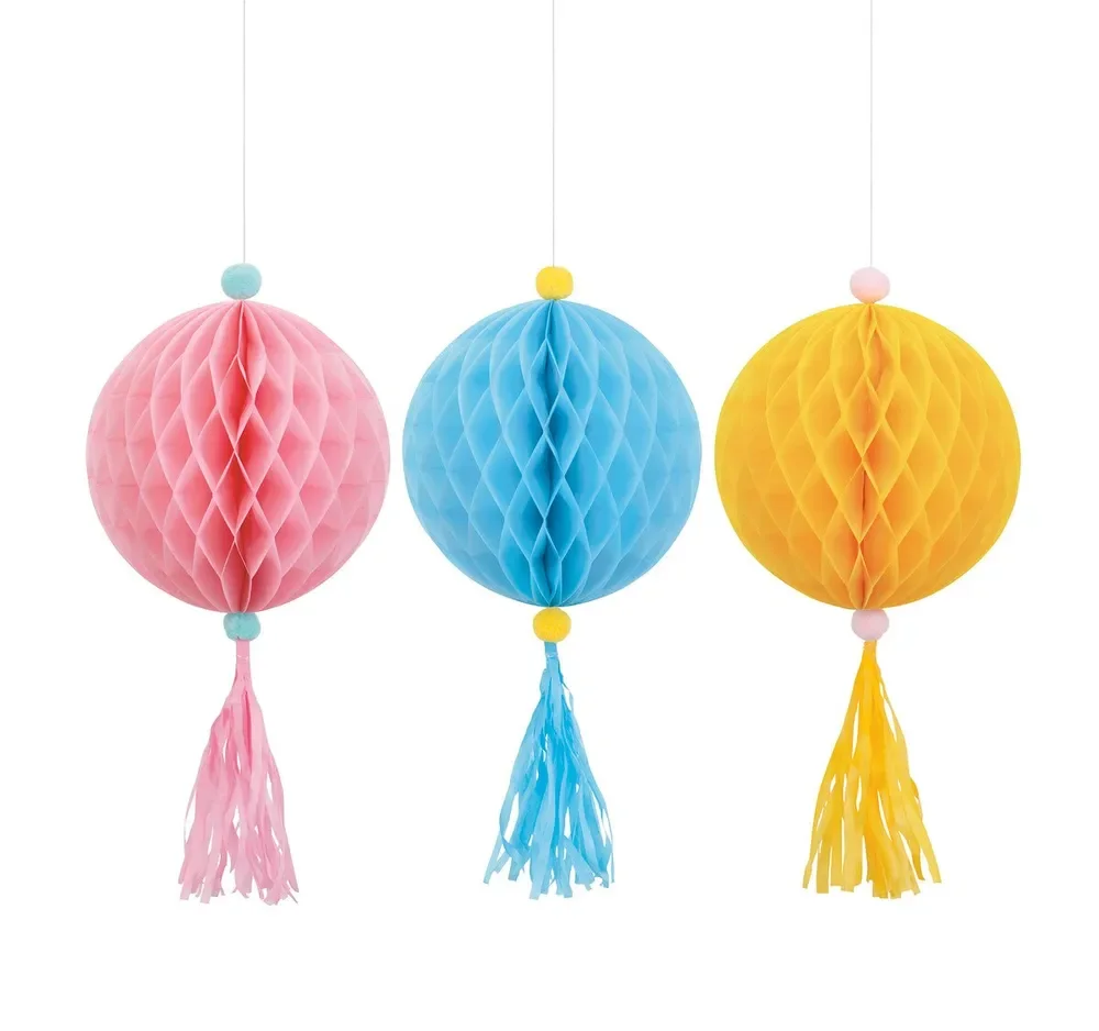 Pastel Tasseled Paper Honeycomb Hanging Decorations - Pk 3