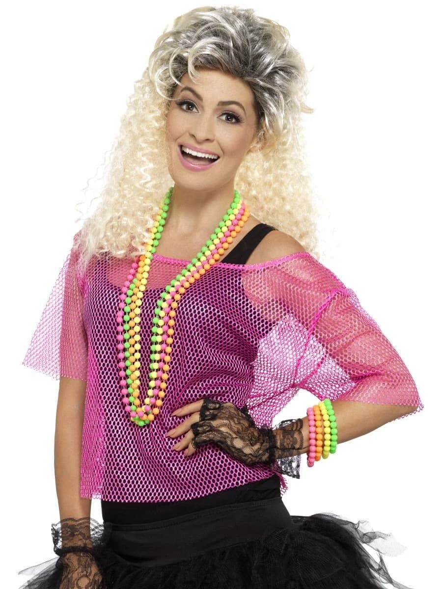 Adults' Neon Pink 80s Fishnet Top