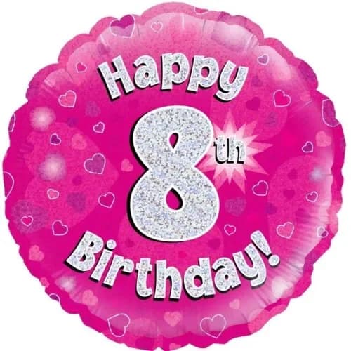 8th Birthday Holo Pink Round Foil Balloon (18in.)