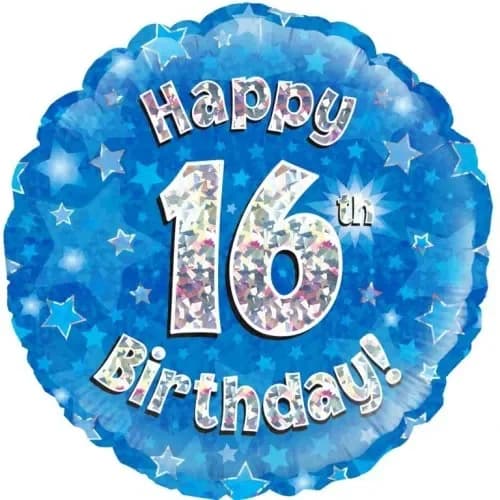 Blue Foil Holographic "Happy 16th Birthday" (46cm) Pk 1
