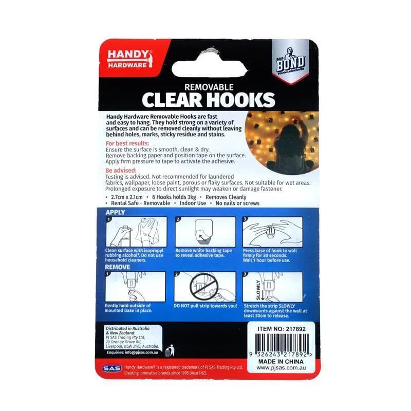 Removable Hooks Plastic 2.7cm x 2.1cm 6pk (Holding Weight 500g)