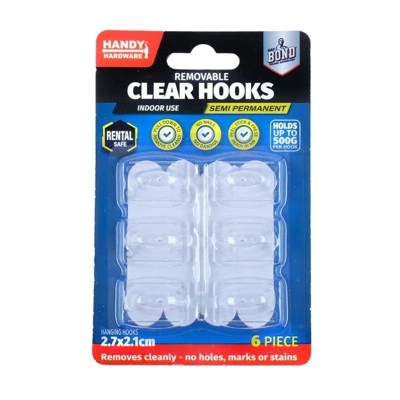 Removable Hooks Plastic 2.7cm x 2.1cm 6pk (Holding Weight 500g)