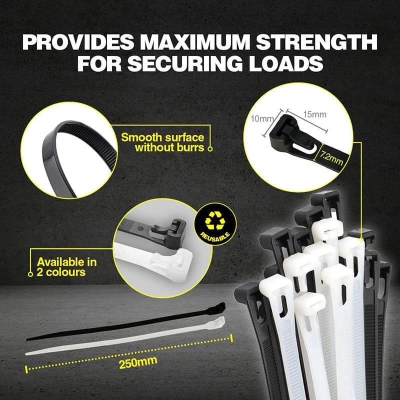 Cable Ties Releasable Black 250mm x 7.2mm 12pc