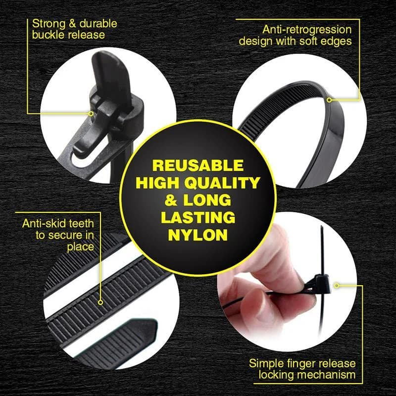 Cable Ties Releasable Black 250mm x 7.2mm 12pc