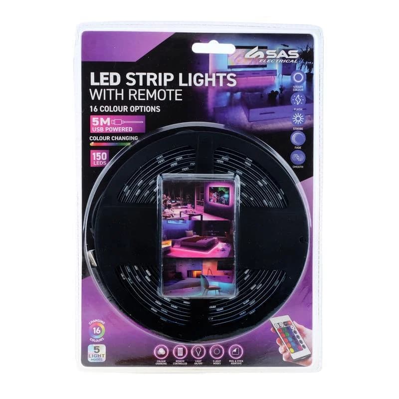 LED Strip Light USB Powered With Remote 5m, Features 5 Modes, 16 Colours & 150 LED, Remote Requires 2 x AAA Batteries, Not Included)
