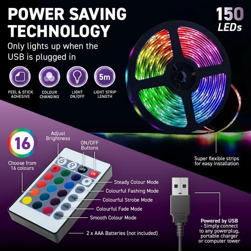 LED Strip Light USB Powered With Remote 5m, Features 5 Modes, 16 Colours & 150 LED, Remote Requires 2 x AAA Batteries, Not Included)