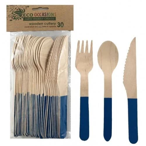 Royal Blue Handle Wooden Cutlery - Pk 30