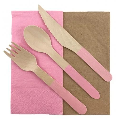 Light Pink Handle Wooden Cutlery - Pk 30