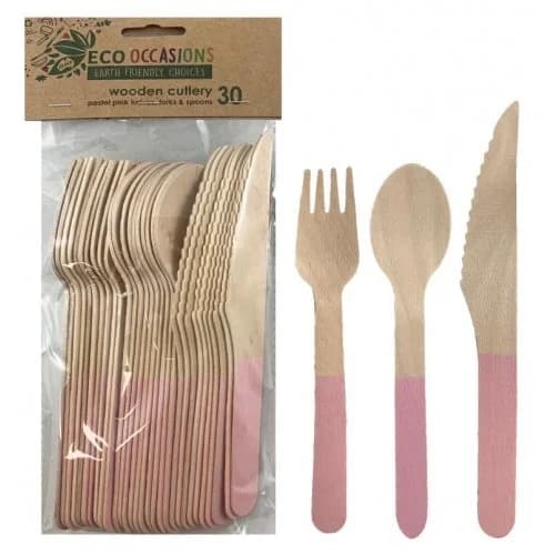 Light Pink Handle Wooden Cutlery - Pk 30