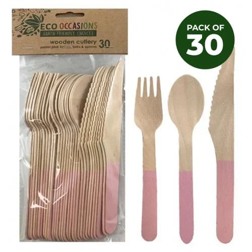 Light Pink Handle Wooden Cutlery - Pk 30