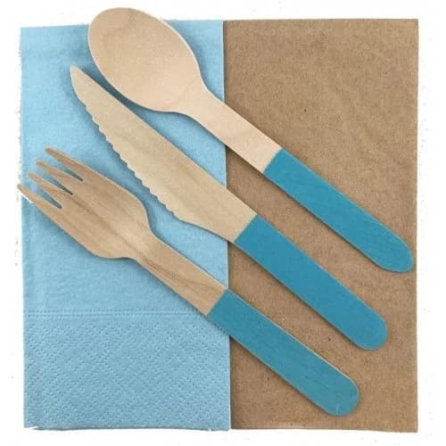 Light Blue Handle Wooden Cutlery - Pk 30