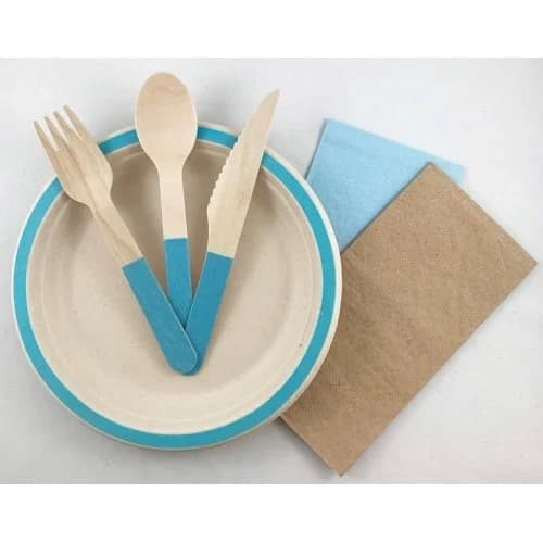 Light Blue Handle Wooden Cutlery - Pk 30