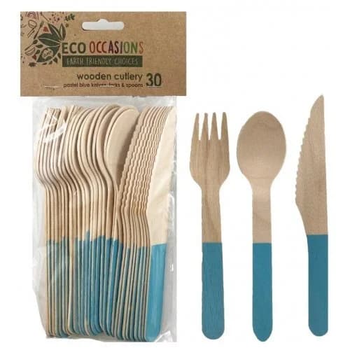 Light Blue Handle Wooden Cutlery - Pk 30