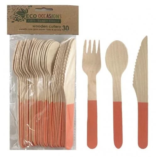 Rose Gold Handle Wooden Cutlery - Pk 30