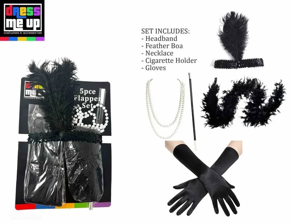 Black Flapper Set- Headband, Boa, Necklace, Cigarette Holder & Gloves