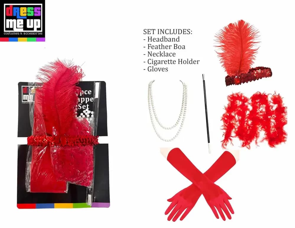 Red Flapper Set- Headband, Boa, Necklace, Cigarette Holder & Gloves