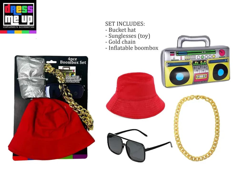 Boombox Dress-Up Set - Includes bucket Hat, Fake Sunglasses, gold chain and inflatable boombox