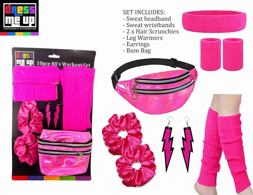 80's Workout Set - Includes sweat headband, wristbands, hair scrunchies, leg warmers, earrings and bum bag.