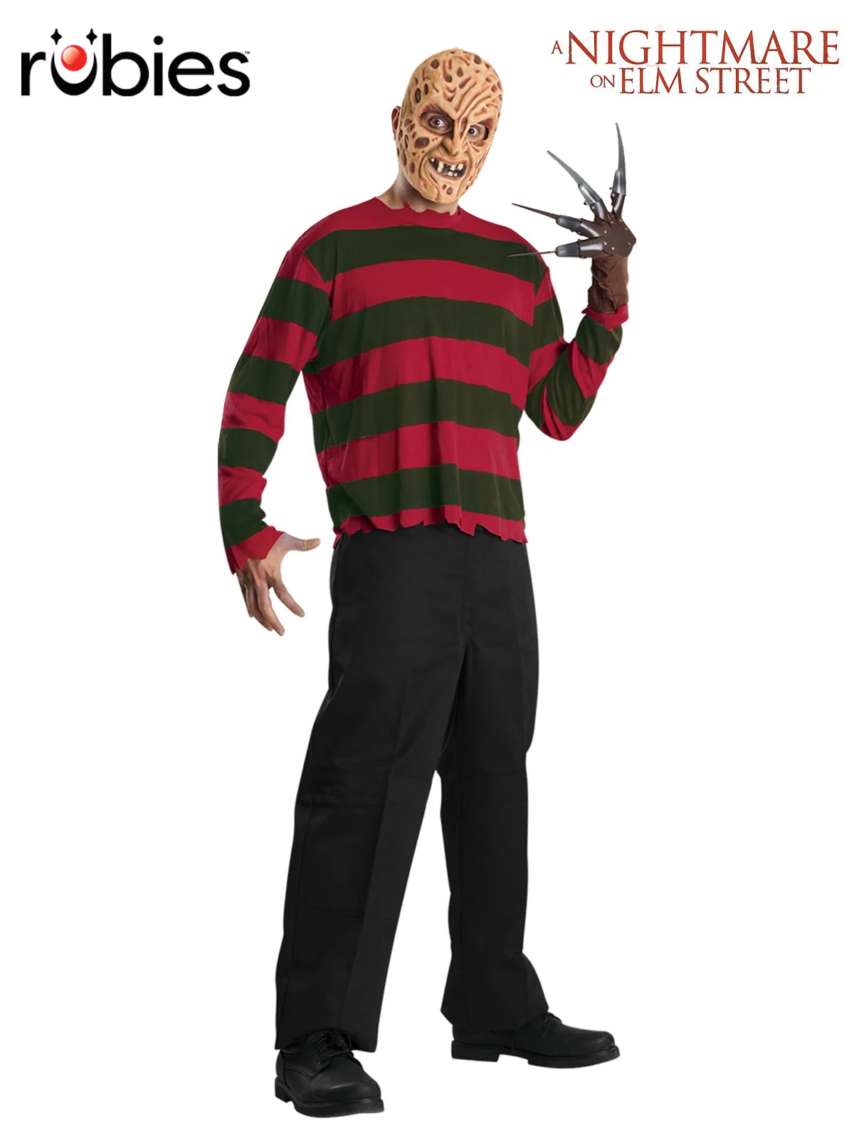 Man in a red and green striped tattered top and a scarred Freddy Krueger mask, front view