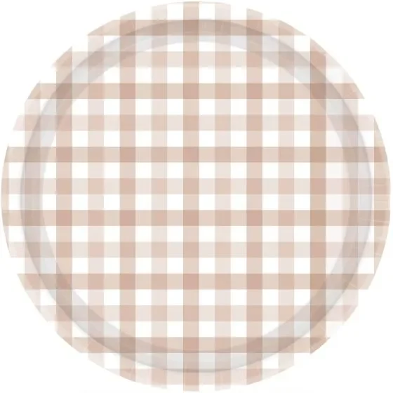 23cm White Sand Gingham Paper Plates - Pk 8