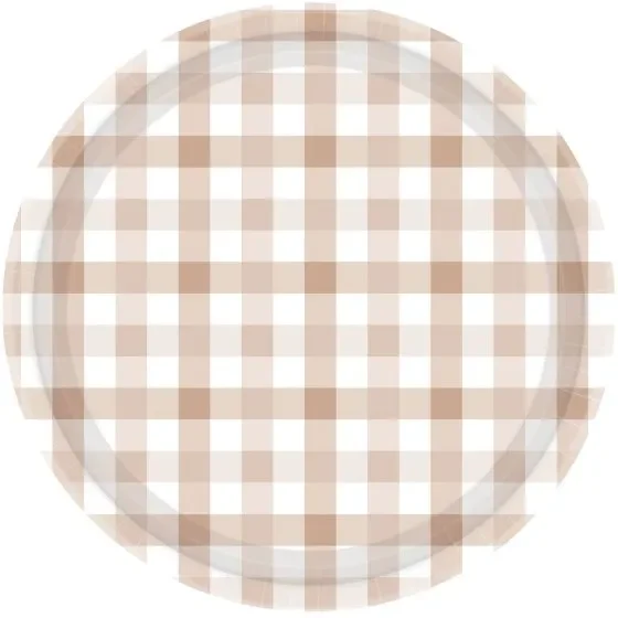 17cm White Sand Gingham Paper Plates - Pk 8