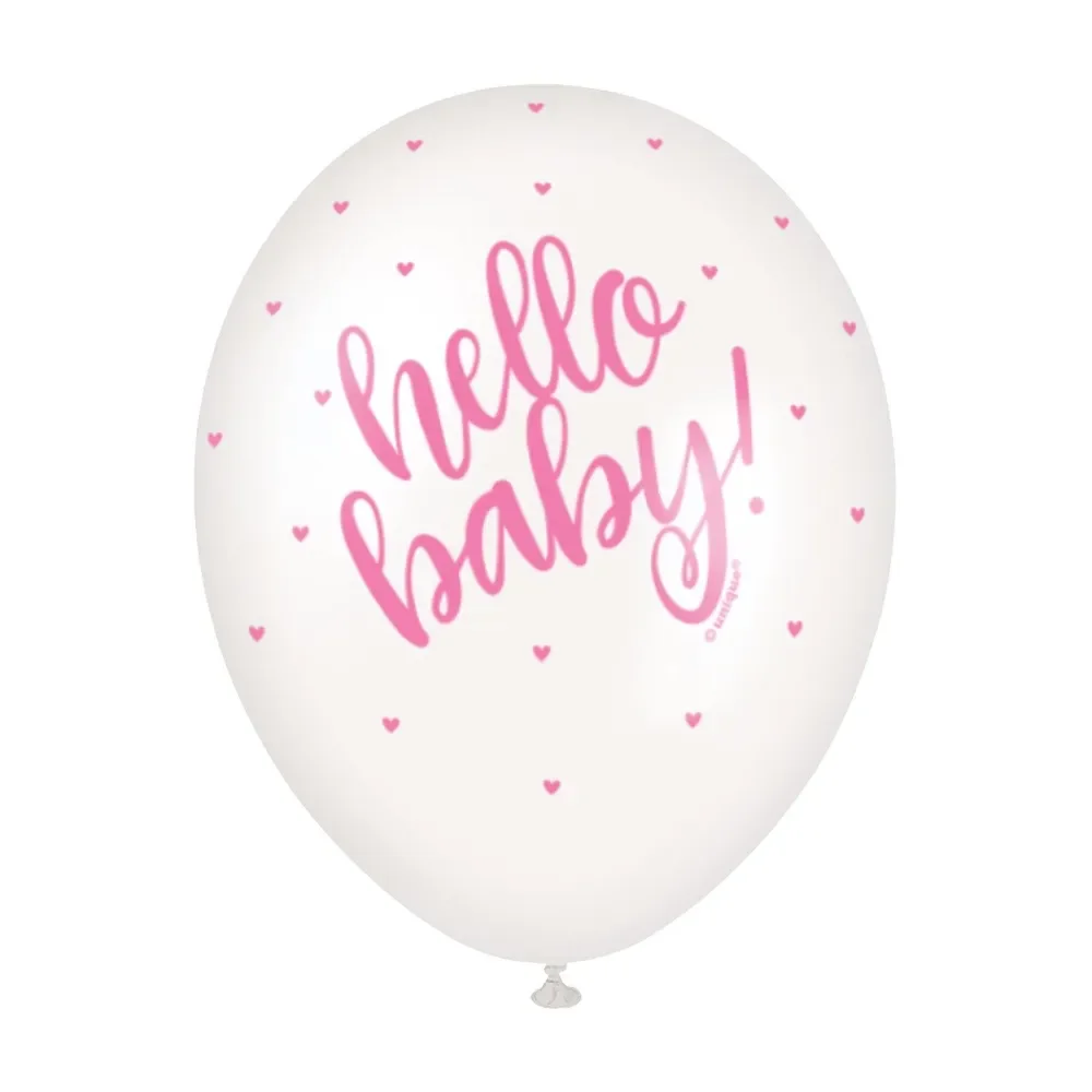 Pink Hello Baby! Pearl White Latex Balloons (30cm) - Pk 5*